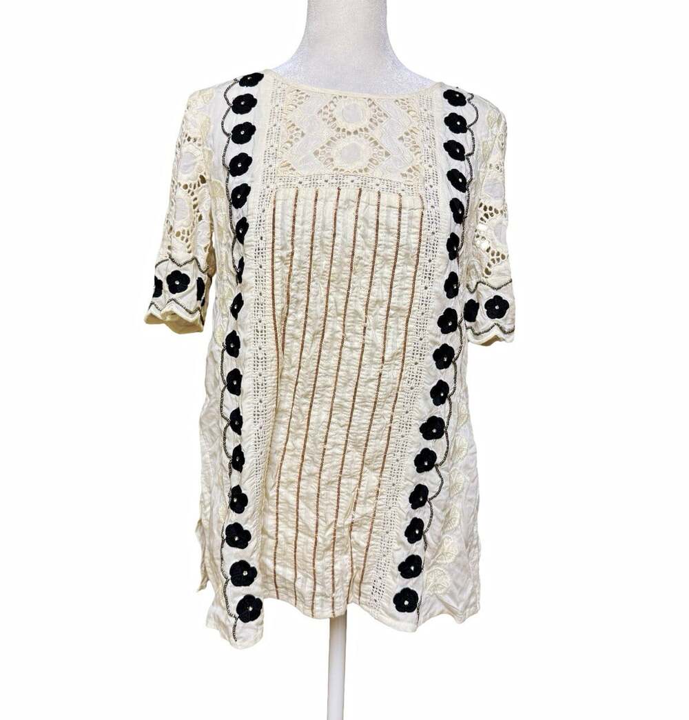 Floreat Anthropologie Women’s 2P Ivory Black Floral Embroidered Lace Blouse